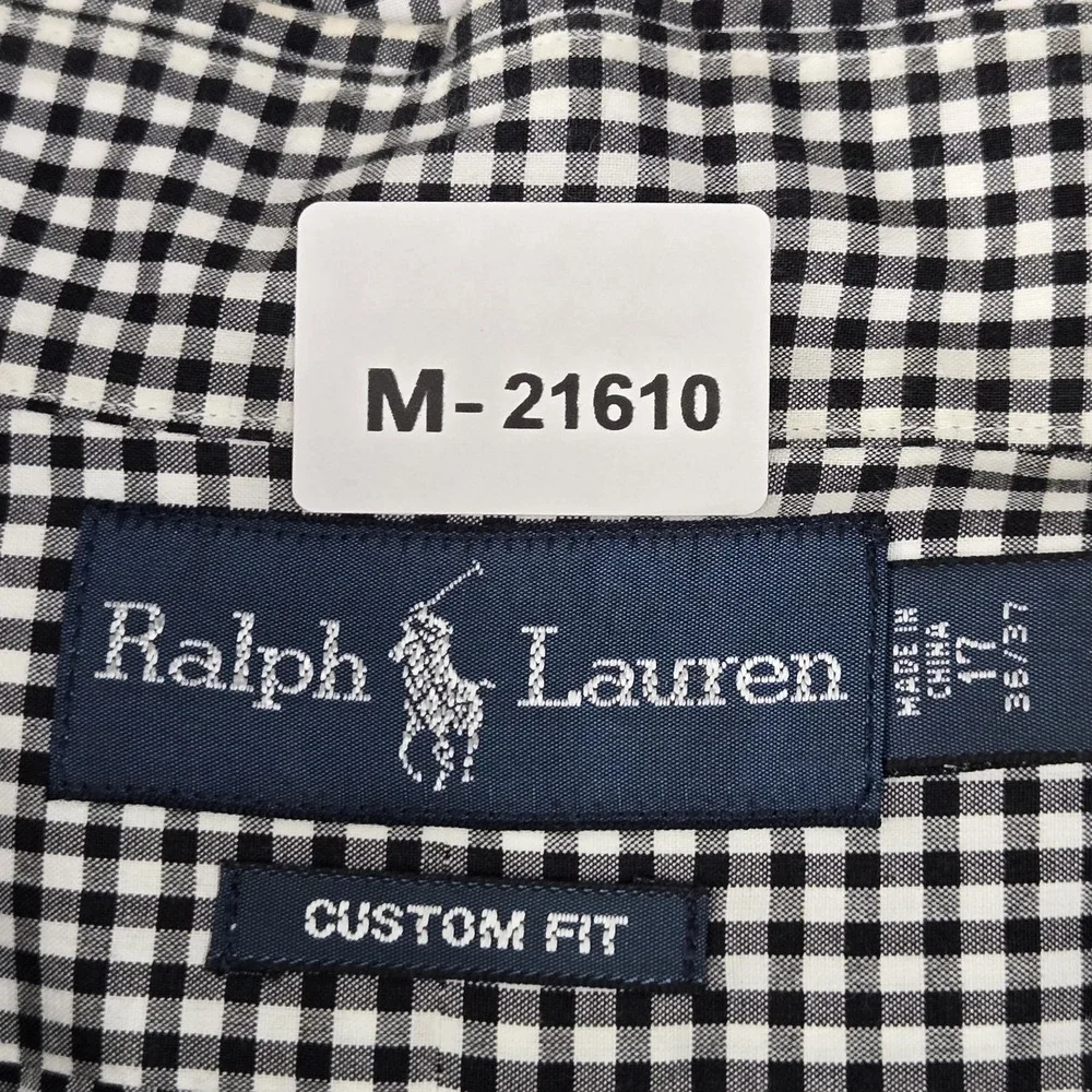 Ralph Lauren Men Button Up Shirt 17X36 Black Embroidered Check Custom Fit